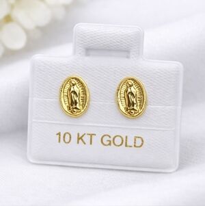 10K Gold Virgin Mary Oval Stud Earrings - Religious Women’s Jewelry